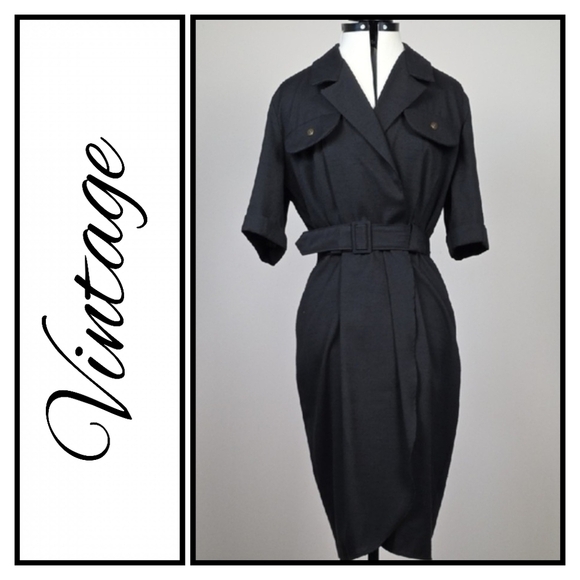 Vintage Black Belted Utility Dress β No Label β Classic Safari-Inspired Silhouet - Picture 1 of 9